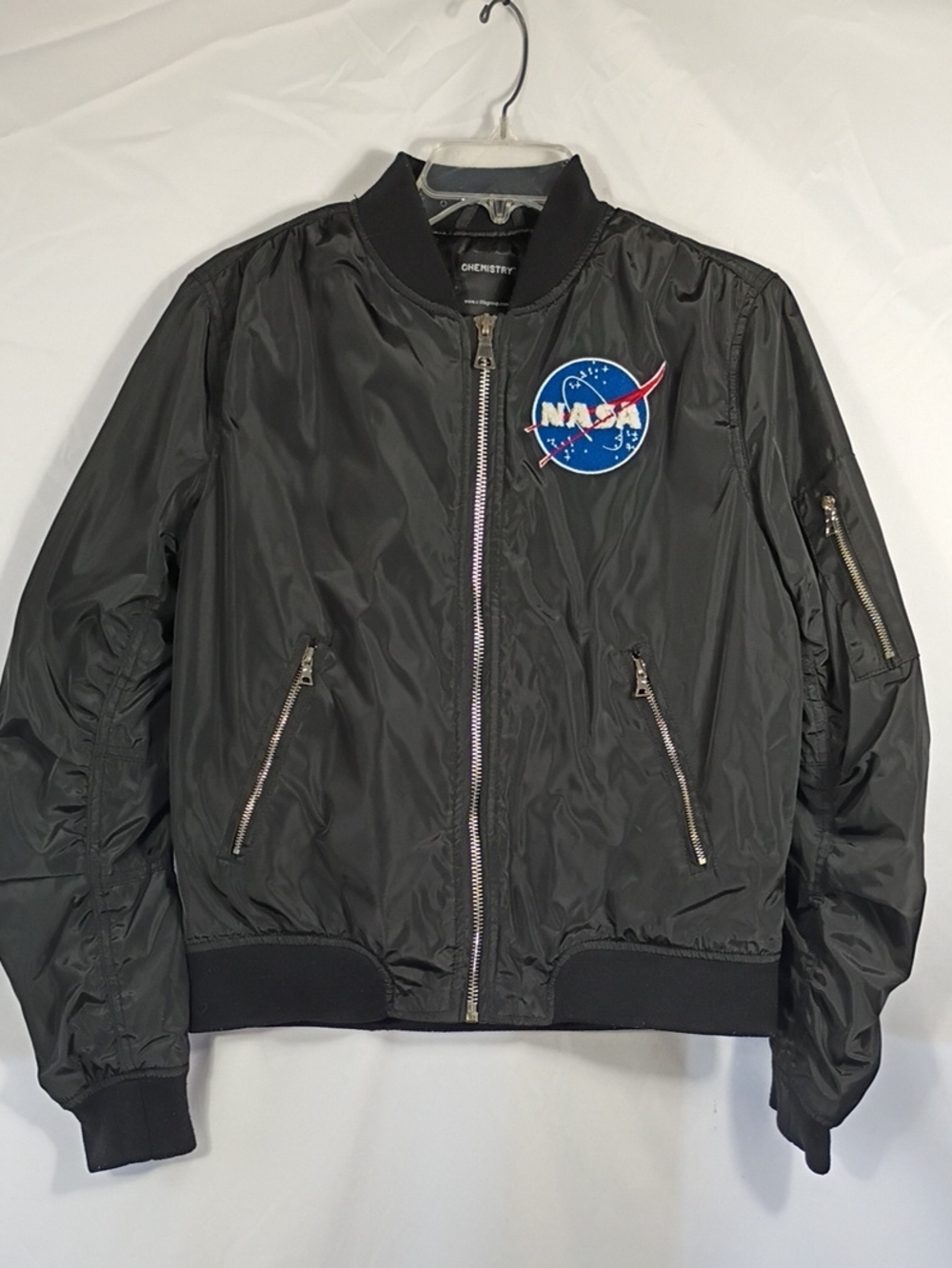 EUC Chemistry Black Bomber Jacket with NASA Patch Women's Size Medium